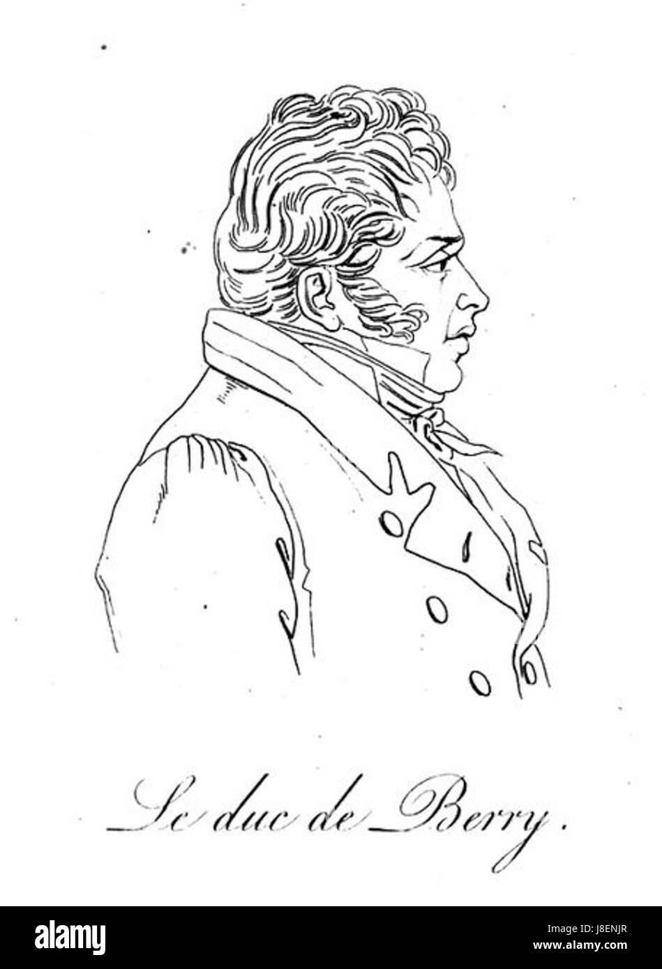 Le Duc de Berry, geboren 1778, war eine französische Königsfigur, der Sohn von Karl, Graf von Artois, und ein prominentes Mitglied der Bourbon-Familie. Sein Leben war geprägt von politischer Beteiligung und seiner Ermordung im Jahr 1820. Stockfoto