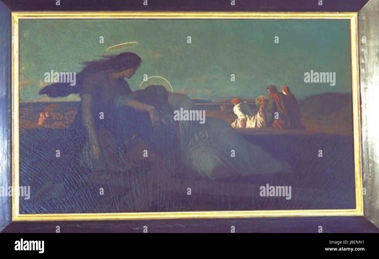 Ein Gemälde aus dem 19. Jahrhundert mit dem Titel „Le Christ au Sepulcre“ von Parmain, das die Szene Christi am Grab darstellt. Es spiegelt religiöse Themen und christliche Ikonographie wider. Stockfoto