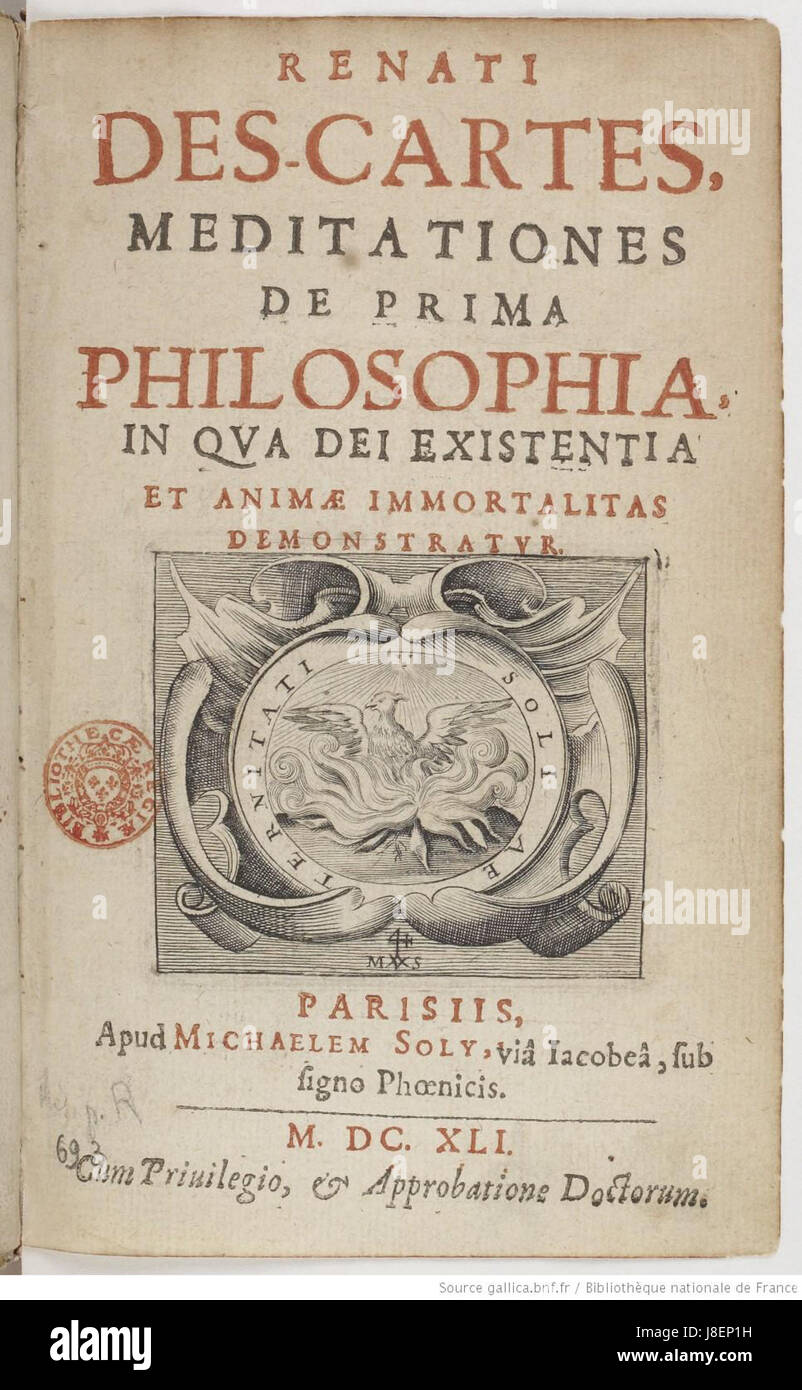 „Meditationes de prima philosophia“ von RenÃ Descartes, veröffentlicht 1641, ist ein Grundlagentext der Philosophie, der sich mit der Natur des Wissens, der Existenz und der Geist-Körper-Beziehung befasst. Stockfoto