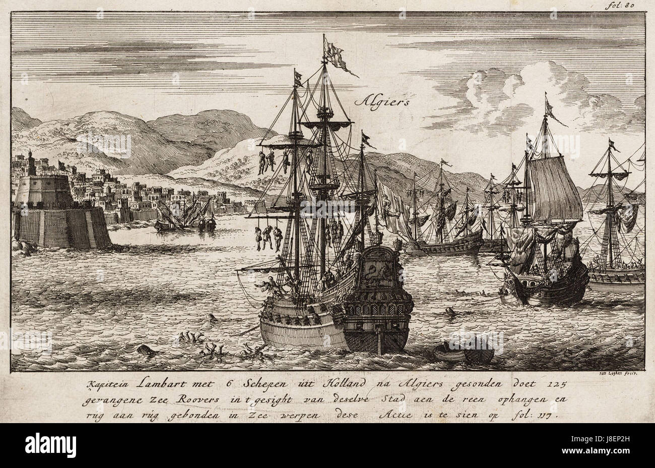 Kapitein Lambart trafen sich 6 Löwener Uit Holland Na Algier Gesonden niederländische Kapitän Lambert wirft Häftlinge in das Meer vor Algier (Jan Luyken, 1684) Stockfoto