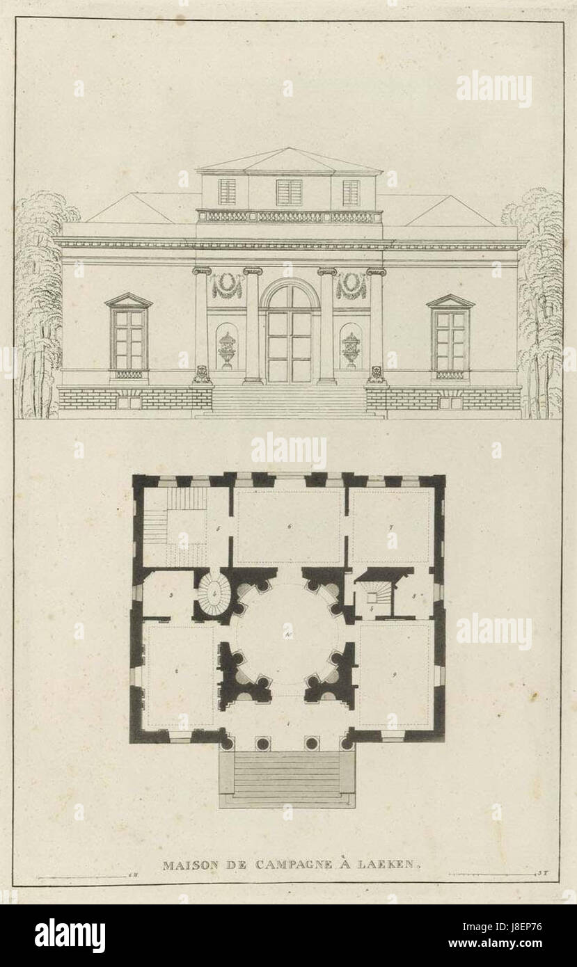 Dieses Bild von Goetghebuers „Choix des Monuments“ aus dem Jahr 1827 zeigt das Maison de Campagne in Laeken, einer bemerkenswerten Residenz in Belgien. Die architektonischen Details betonen den damals beliebten Stil des frühen 19. Jahrhunderts. Stockfoto