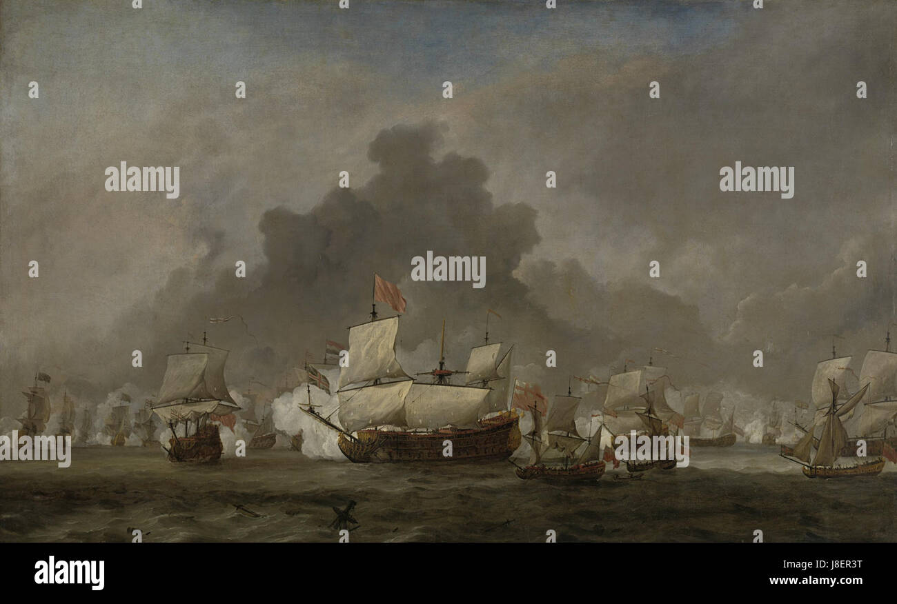 Dieses Gemälde zeigt die Schlacht zwischen Michiel Adriaensz de Ruyter und dem Herzog von York an Bord des Königlichen Prinzen während der Schlacht von Solebay am 7. Juni 1672, Teil des Dritten Anglo-Holländischen Krieges. Die Veranstaltung zeigt die Taktiken der Seekriegsführung des 17. Jahrhunderts. Stockfoto