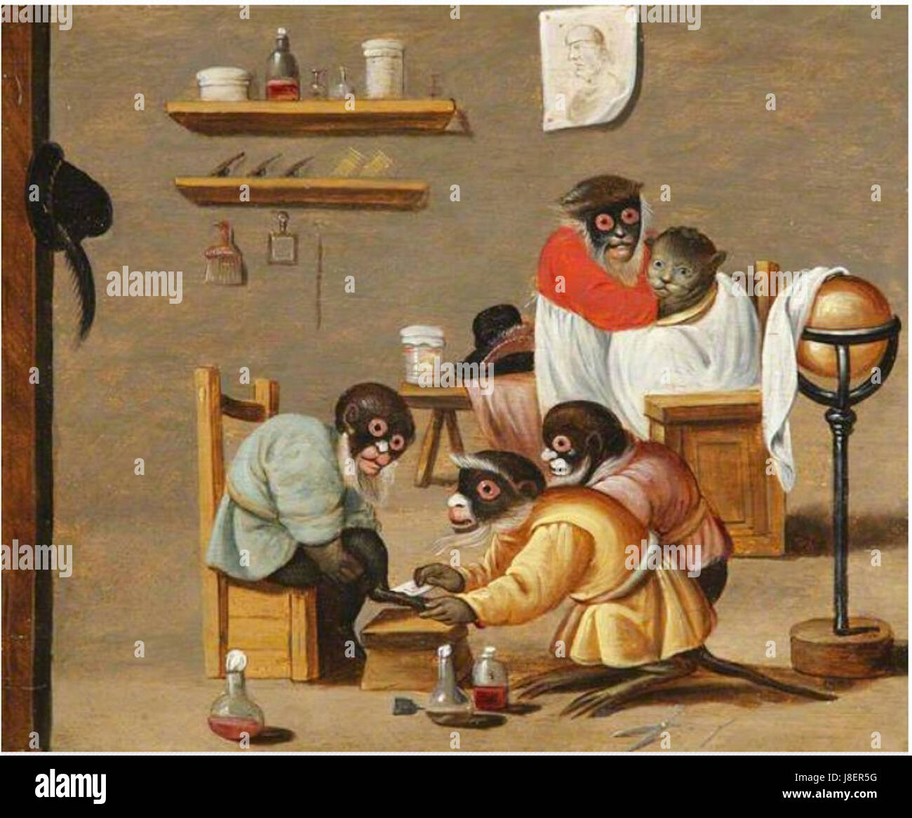 „Ferdinand van Kessel Monkey Barbers“ bezieht sich wahrscheinlich auf ein Werk des Künstlers Ferdinand van Kessel, das Affen in einer Friseurumgebung darstellt. Stockfoto