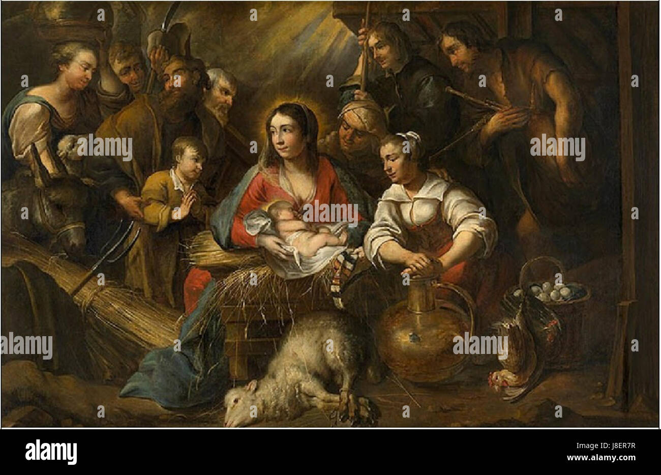 Jan Cossiersâ€™ „die Anbetung der Hirten“ ist ein barockes Gemälde, das die Krippe darstellt. Das Werk stellt die Huldigung der Hirten an das Kind Jesus dar und zeigt Cossiers Kunst in der religiösen Kunst. Stockfoto