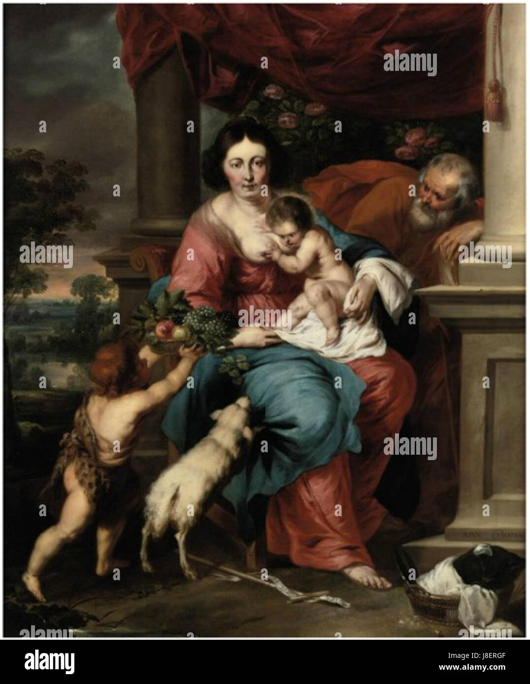 Jan Thomas die Heilige Familie und das Kind Johannes hält einen Korb mit Früchten Stockfoto