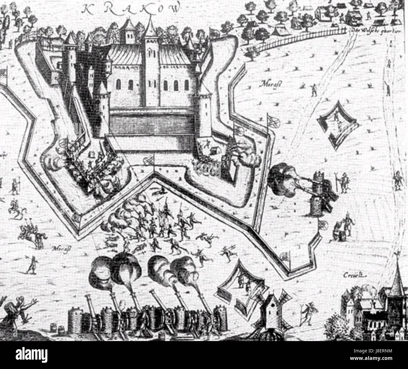 „Krakau 1605“ bezieht sich auf die historische Stadt KrakÃ³w in Polen im Jahr 1605, einer Zeit, in der die Stadt ein wichtiges Zentrum für Kultur, Politik und Handel in Osteuropa war. Dieser Zeitraum war geprägt von bedeutenden Entwicklungen in der polnischen Geschichte. Stockfoto