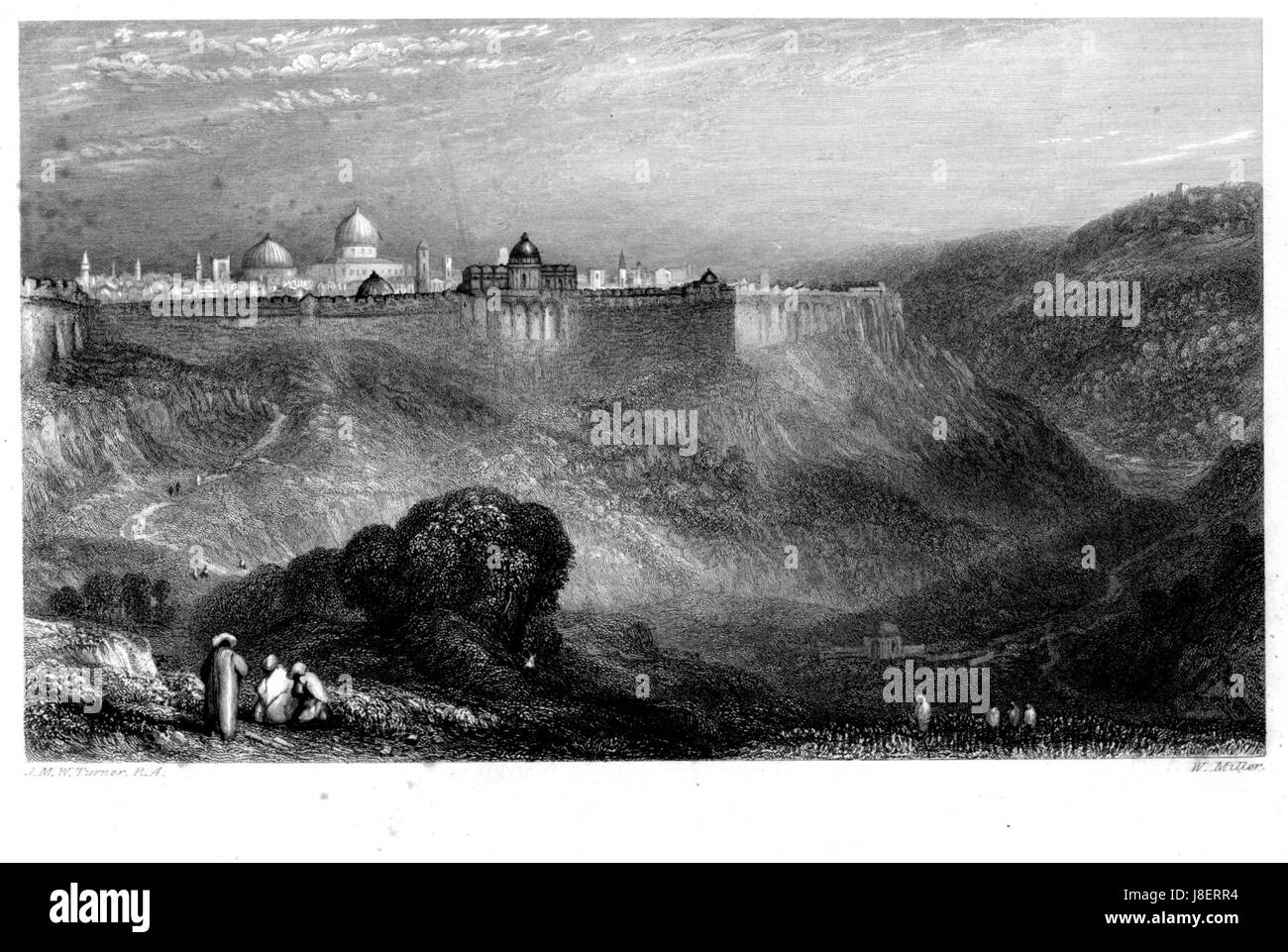 Dieser Proof-Stich von Jerusalem von William Miller basiert auf einem Originalwerk des Künstlers J.M.W. Turner. Der Gravur fängt die ikonische Landschaft Jerusalems ein und zeichnet sich durch seine detaillierte Darstellung aus, die einen Einblick in den künstlerischen Prozess der Werke von Turnerâ während des 19. Jahrhunderts bietet. Das Stück spiegelt Turners einzigartigen Ansatz in der Landschaftsmalerei und Millers Gravurfähigkeiten wider. Stockfoto