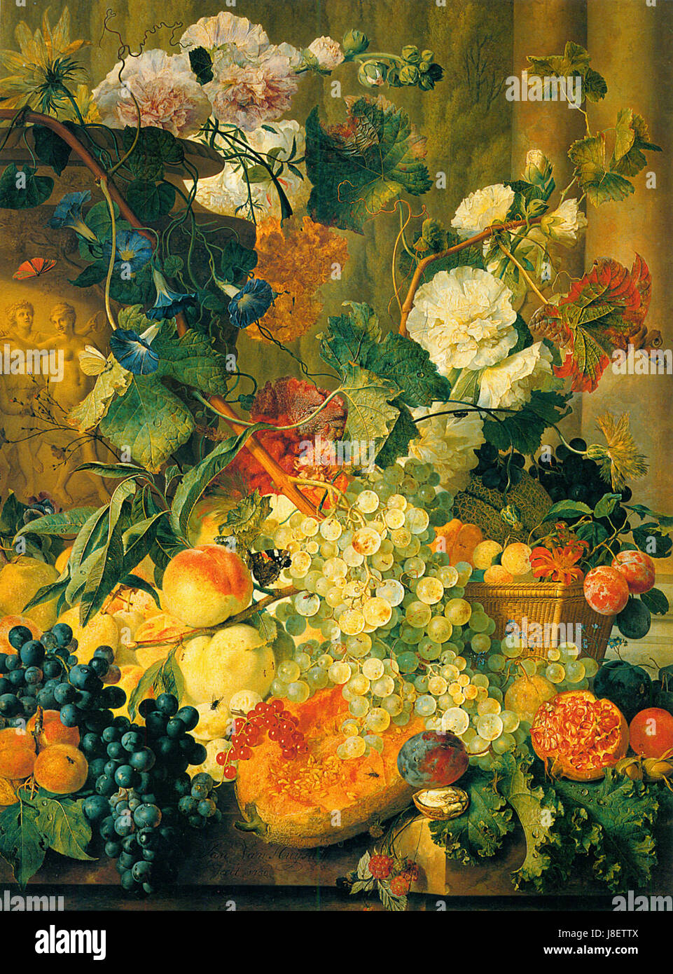 Dies bezieht sich wahrscheinlich auf ein Gemälde oder Kunstwerk des Künstlers Huysum mit Hollyhocks, einer beliebten Blume in der niederländischen Blumenkunst. Stockfoto