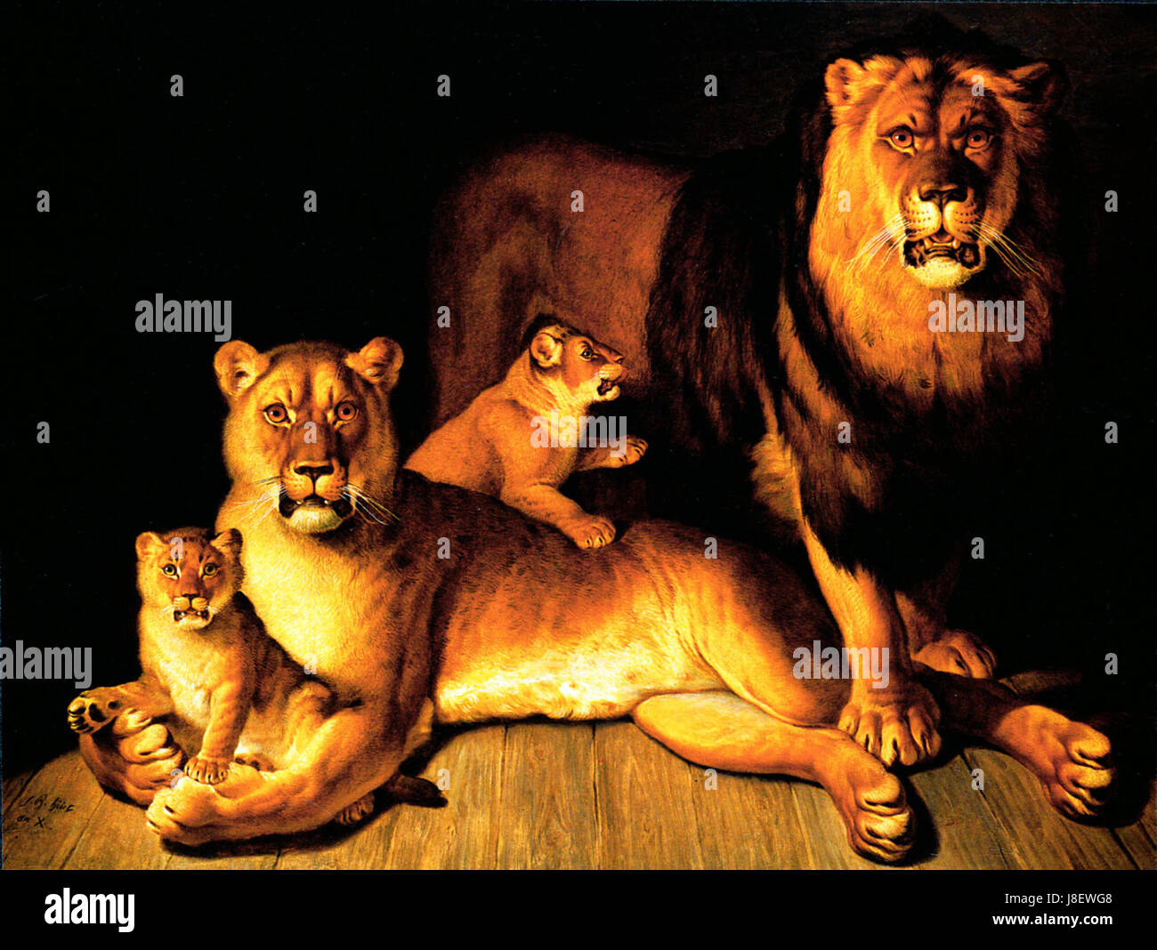 Die „Huet Lions“ beziehen sich auf eine Reihe von Kunstwerken, die Löwen darstellen, die vom Künstler Huet geschaffen wurden. Diese Werke konzentrieren sich auf die majestätische und kraftvolle Darstellung des Tieres in einem realistischen Stil. Stockfoto