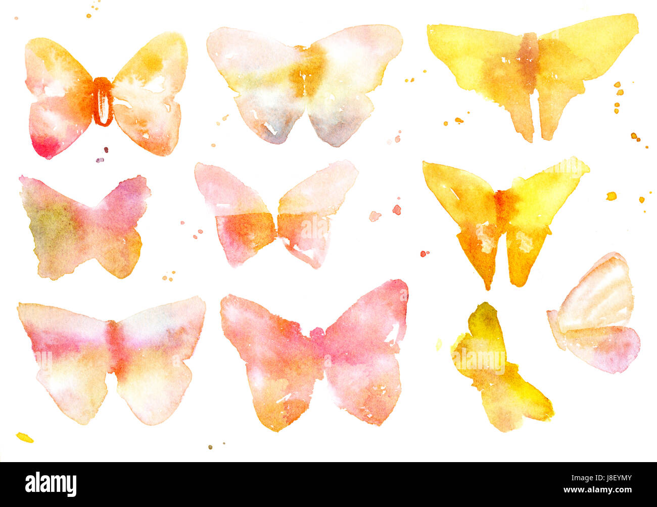 Eine Sammlung von abstrakten freehand Aquarell Schmetterlinge, golden getönt, auf weißem Hintergrund Stockfoto