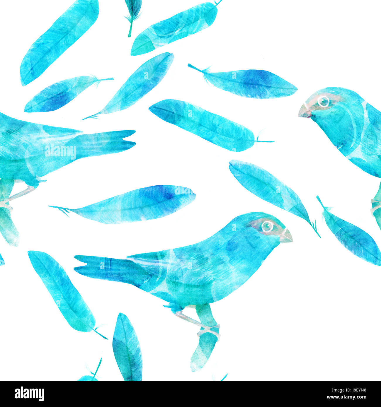 Eine nahtlose Hintergrundmuster Aquarell Zeichnungen von einem blauen Vogel und mehrere Federn, Hand gemalt im Stil eines Vintage botanische illustration Stockfoto