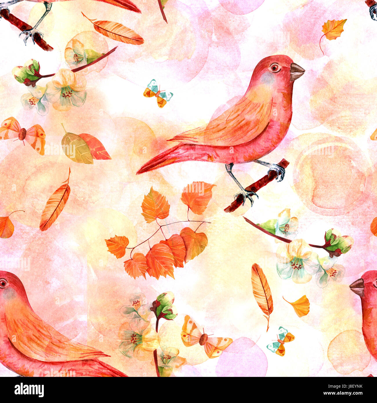 Ein Vintage-Stil-nahtlose Hintergrund-Muster mit Aquarell Zeichnungen eines Vogels, Blätter, Schmetterlinge, Federn, und Blumen auf einem verblichenen Hintergrund Stockfoto