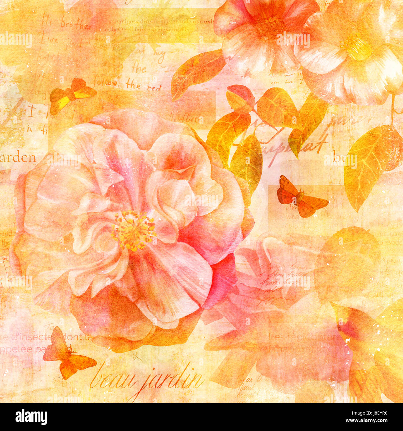 Vintage Collage mit Rose und Camellia Blumen, Schmetterlinge, goldener Vogel auf Hintergrund mit Fragmenten von Briefen und alte Papierstrukturen. Sichtbaren text Stockfoto