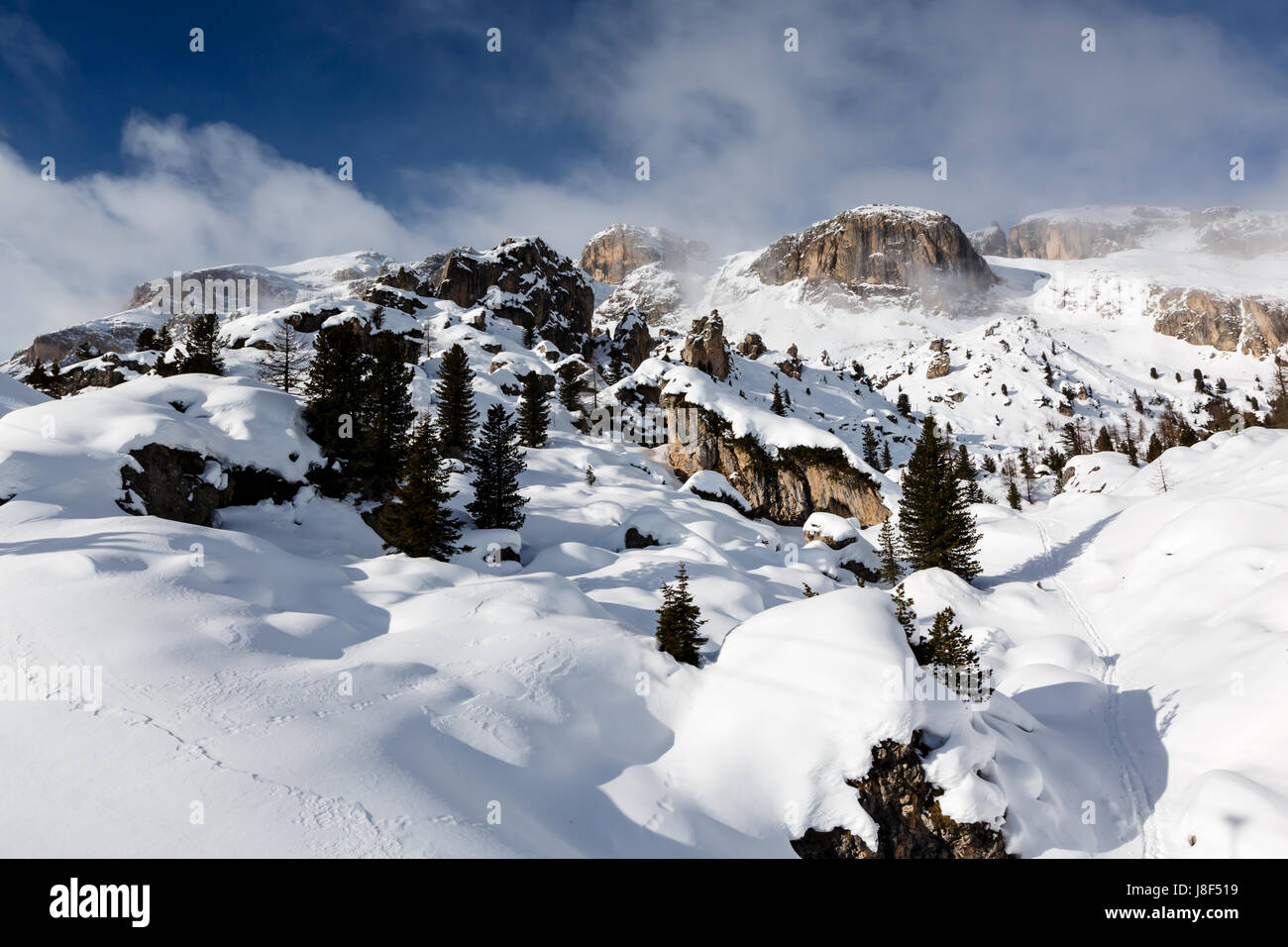 Rocky Mountains auf das Skigebiet Arabba, Dolomiten Alpen Italien Stockfoto