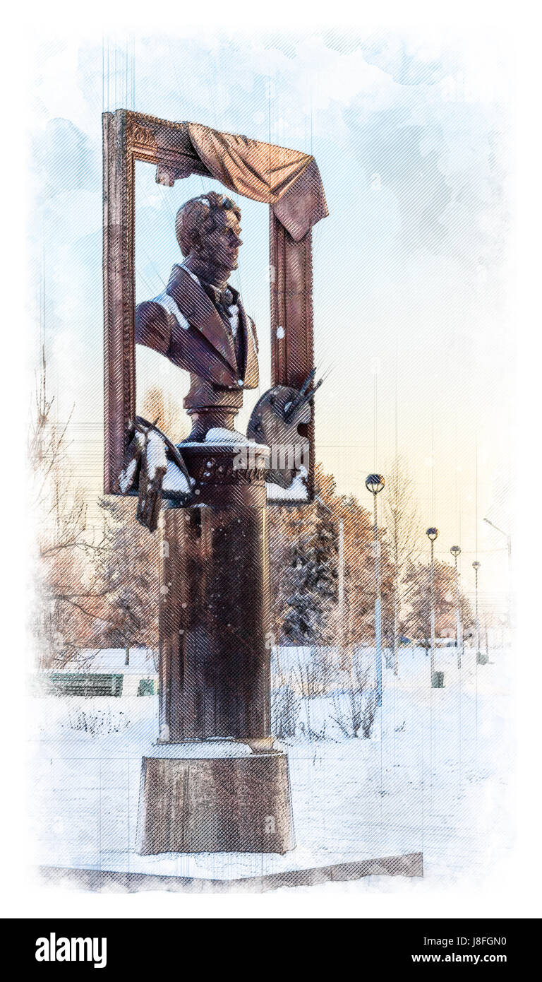 Architektonische Skizze Denkmal des russischen Künstlers Alexej Gavrilovich Wenezianovs. Russland, Stadt Udomlya. Stockfoto