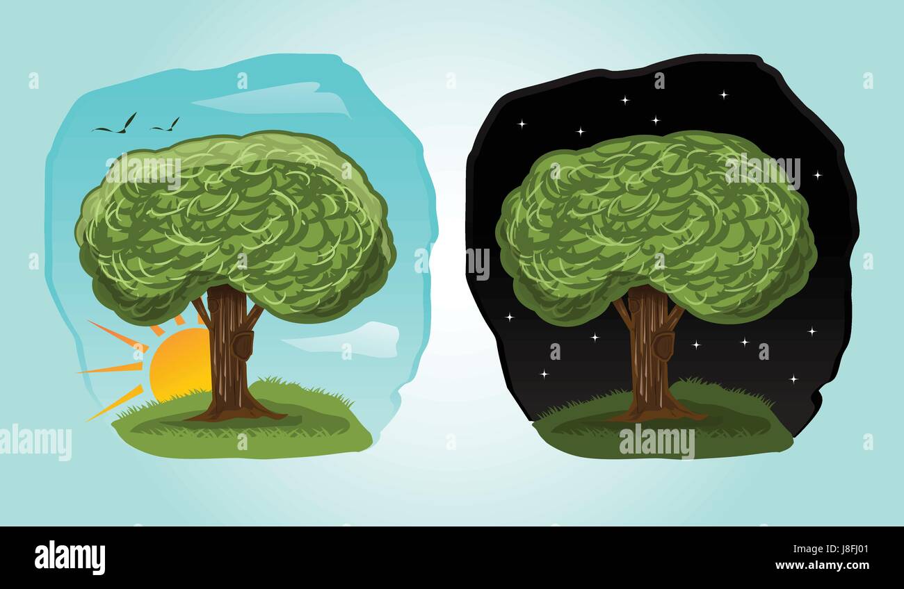 spielerische Cartoon Baum Abbildung mit 2 verschiedenen Zeit: Tag, Nacht. Stock Vektor