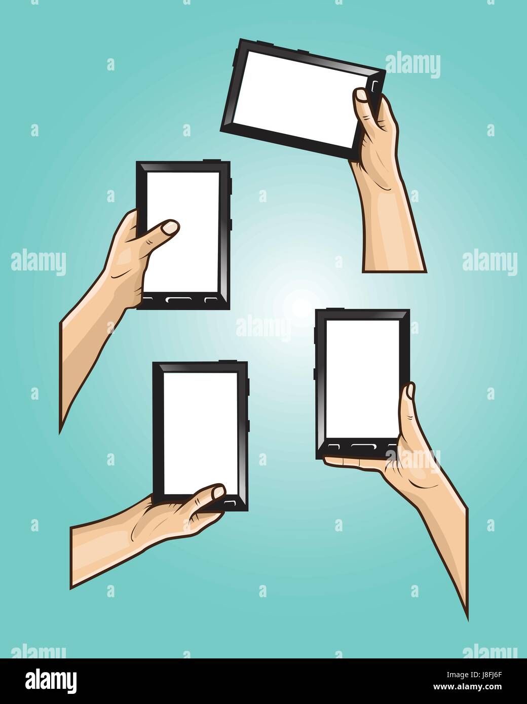 Reihe von Händen hält Schwarz Mini-Tablet mit weißen Bildschirm. Stock Vektor