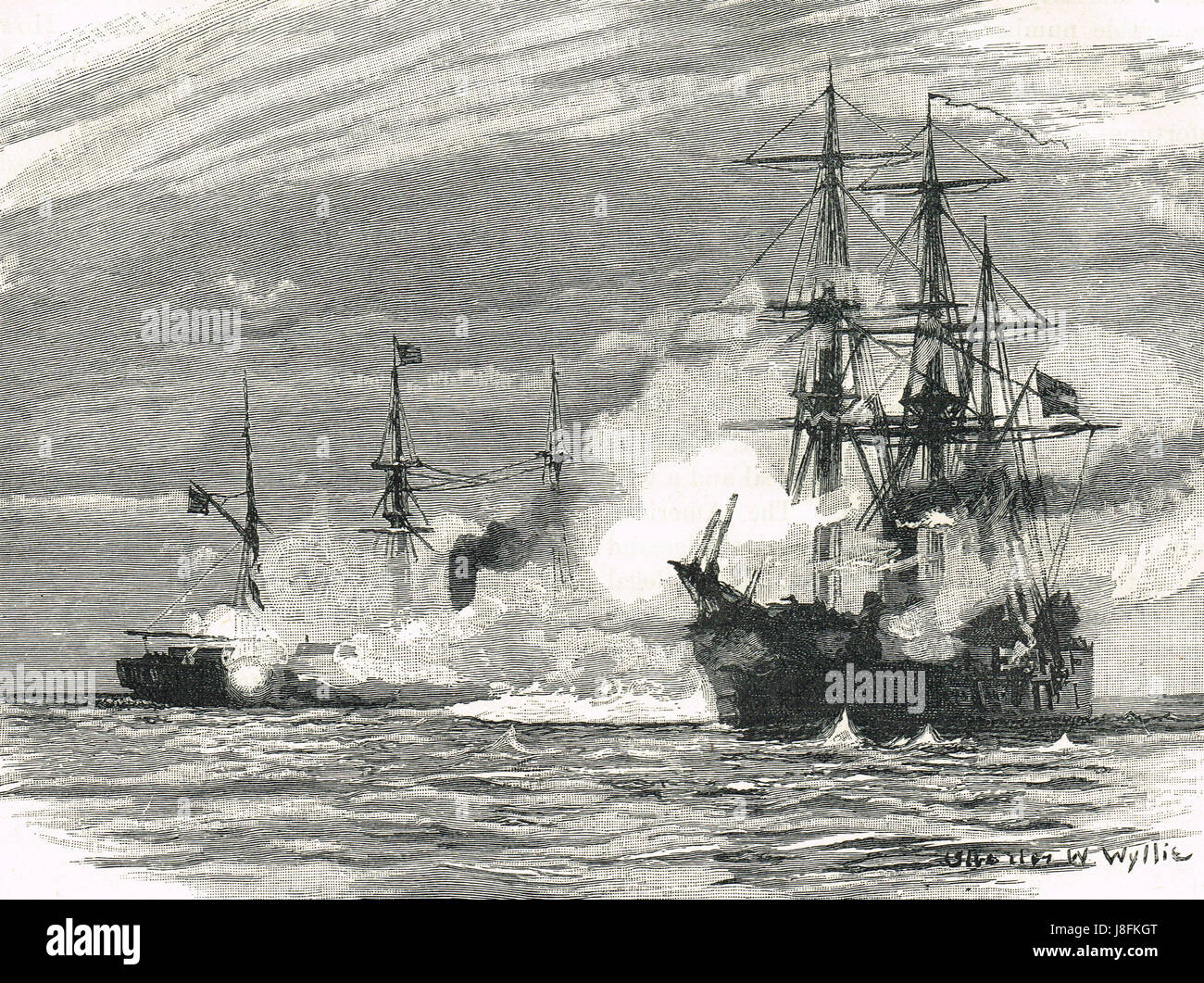 Der Untergang der Confederate States Navy Kriegsschiff, CSS Alabama durch Vereinigte Staaten Marine Kriegsschiff, USS Kearsarge, vor der Küste von Cherbourg, Frankreich, 19. Juni 1864. Stockfoto