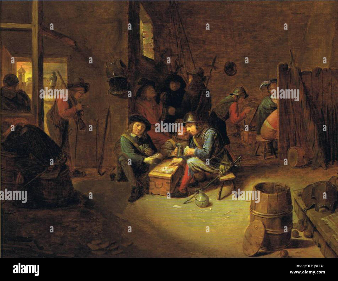 Joos van Craesbeecks Gemälde A Guardroom Interior with Soldiers Playing Cards zeigt eine Szene aus dem 17. Jahrhundert, in der Soldaten, die in einem Kartenspiel verwickelt sind, das tägliche Leben während dieser Zeit festgehalten wird. Stockfoto