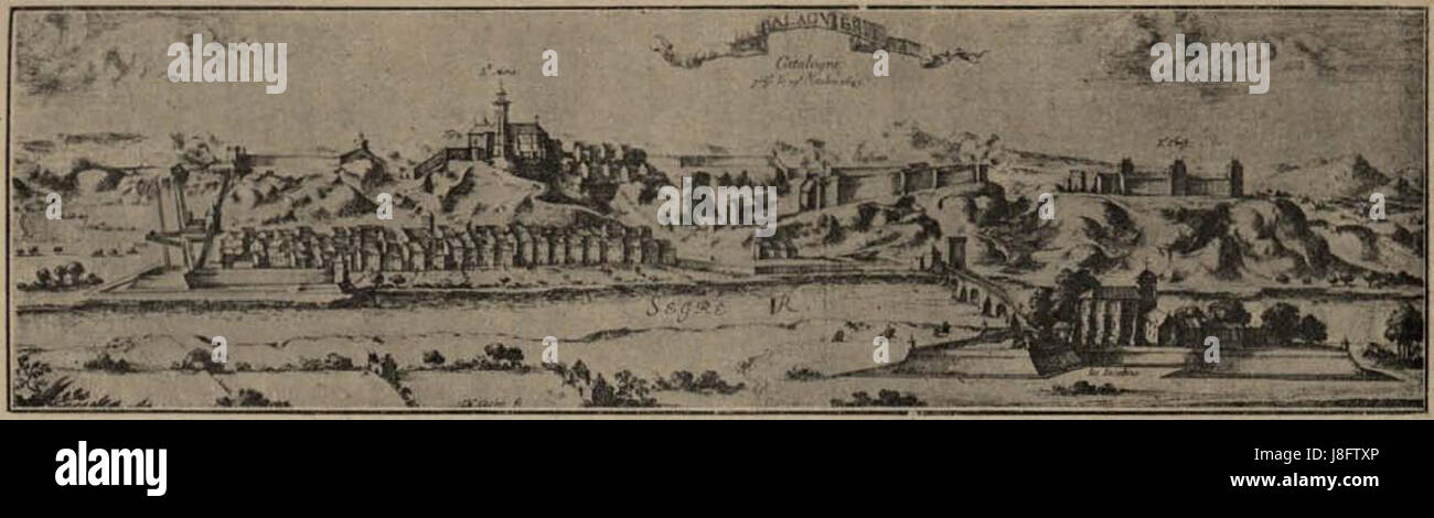 „Geografia General de Catalunya“ ist ein historisches geographisches Werk, das die Geographie Kataloniens detailliert beschreibt. Diese spezielle Seite aus der Arbeit enthält eine Karte, die mit der Belagerung von Balaguer im Jahr 1645 zusammenhängt. Stockfoto