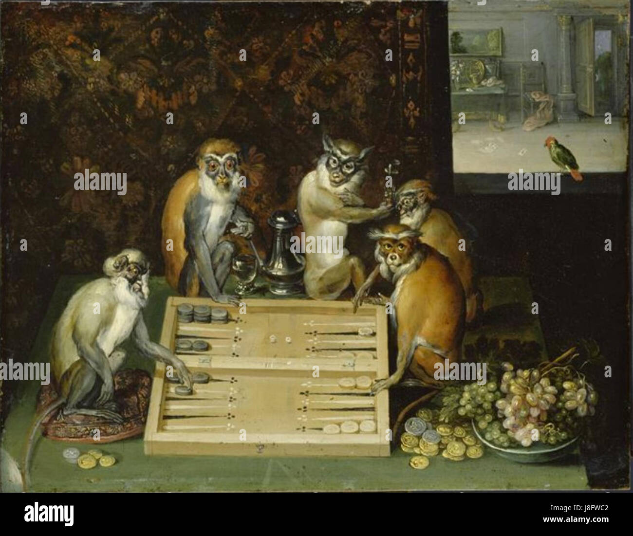 Dieses Gemälde von Frans Francken II. Zeigt Affen, die an einem Spiel des Backgammons beteiligt sind, und zeigt Franckenâ detaillierte und humorvolle Darstellung von Tieren in menschenähnlichen Aktivitäten, wie sie in der flämischen Kunst des 17. Jahrhunderts üblich sind. Stockfoto