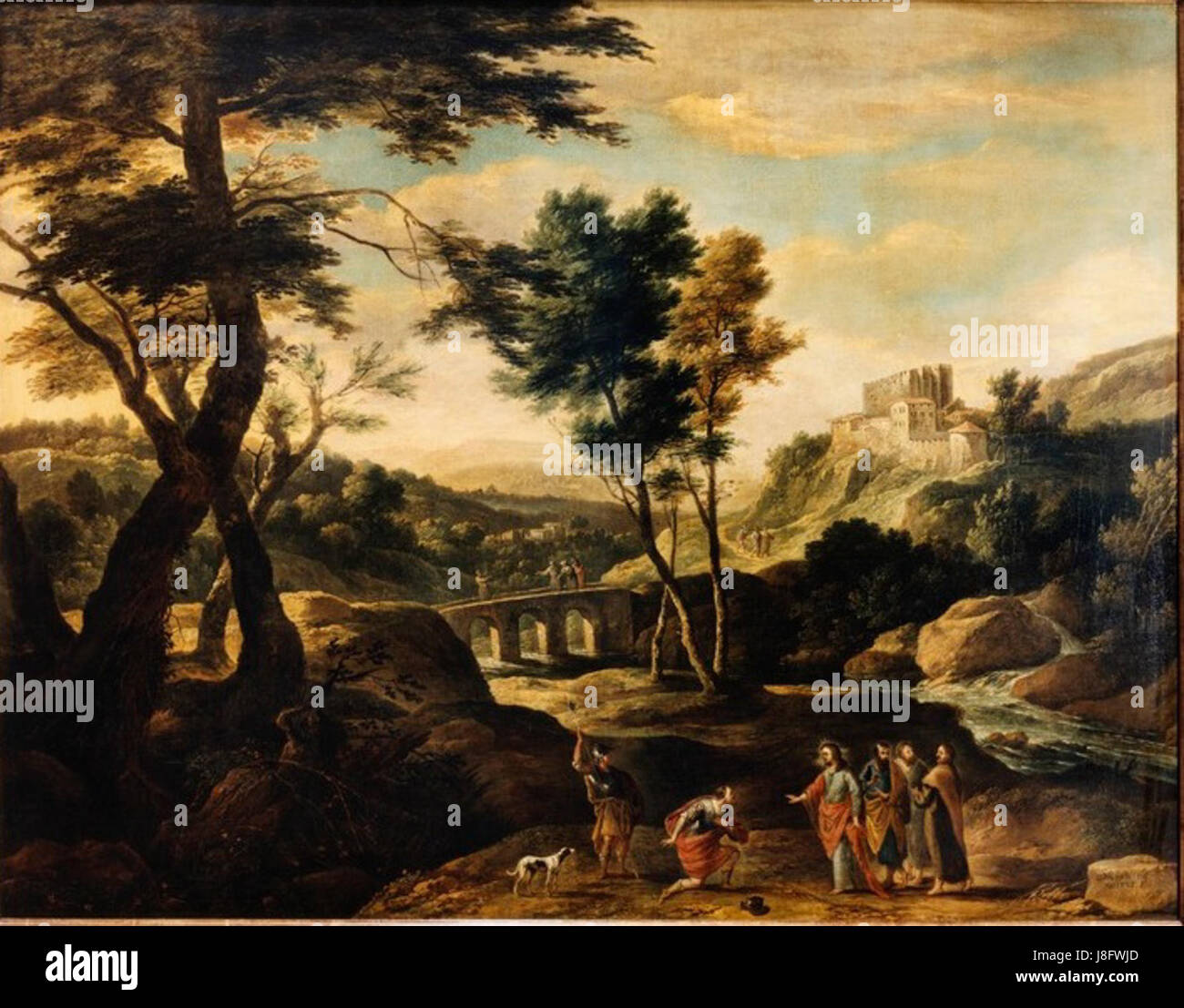 Dieses Kunstwerk von Gaspar de Witte zeigt die biblische Szene Jesu, die den Diener eines römischen Hauptmanns heilt. Das Gemälde fängt das Mitgefühl und die Kraft Jesu ein und konzentriert sich auf die Interaktion zwischen dem Hauptmann und Jesus als Demonstration von Glauben und Heilung. Stockfoto