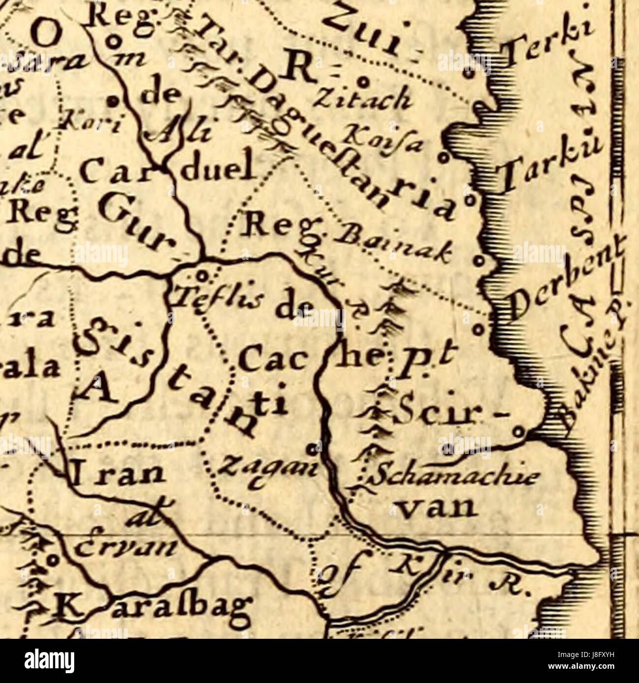 Diese Karte aus dem Jahr 1693 zeigt das Königreich Kachetien und seine umliegenden Regionen, darunter Teile des heutigen Georgiens, Armeniens und Komaniens. Die Karte bietet einen Einblick in die politische Geographie der Zeit. Stockfoto