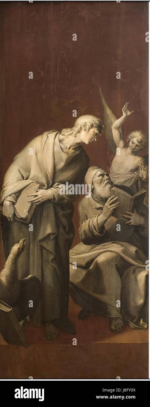 Die Heiligen Johannes und Matthäus von Marten Pepijnâ ist ein religiöses Kunstwerk, das zwei christliche Heilige darstellt. Das Stück betont ihre symbolischen Darstellungen und den stilistischen Ansatz, der typisch für Pepijnâ Werk in der religiösen Kunst ist. Stockfoto