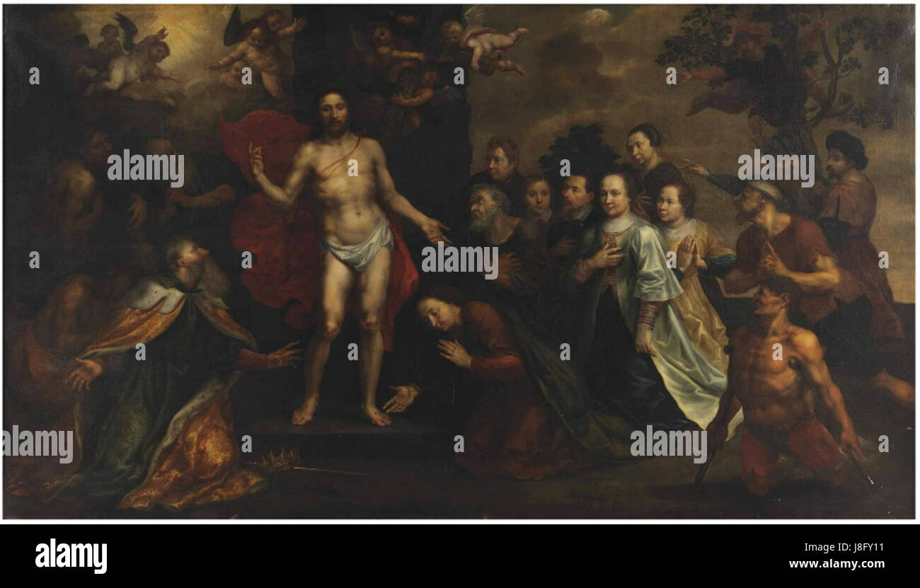 Marten Pepijns Kunstwerk stellt die Erscheinung Christi neben bedeutenden biblischen Figuren dar: St. Peter, Jakobus, Johannes, Maria Magdalena, Johanna, und Zacheus. Die Szene umfasst ein Familienporträt, das religiöse Themen mit einer persönlichen Note kombiniert. Stockfoto Marten Pepijns Kunstwerk stellt die Erscheinung Christi neben bedeutenden biblischen Figuren dar: St. Peter, Jakobus, Johannes, Maria Magdalena, Johanna, und Zacheus. Die Szene umfasst ein Familienporträt, das religiöse Themen mit einer persönlichen Note kombiniert. Stockfoto