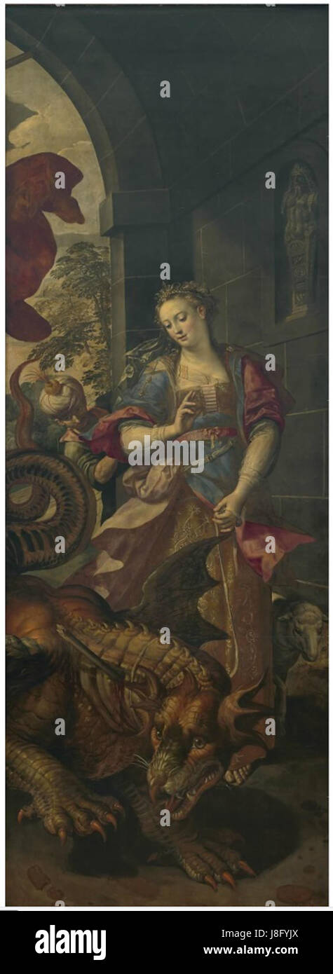 Maerten de Vos’ Gemälde „St. Georg und die Prinzessin von Silene“ zeigt den heldenhaften Ritter, der mit dem besiegten Drachen in die Stadt zurückkehrt, ein bekanntes Thema in der christlichen Ikonographie. Dieses Werk beleuchtet die mittelalterliche Legende von St. Georg und seinen Sieg über den Drachen, symbolisiert Tapferkeit und Tugend. Stockfoto