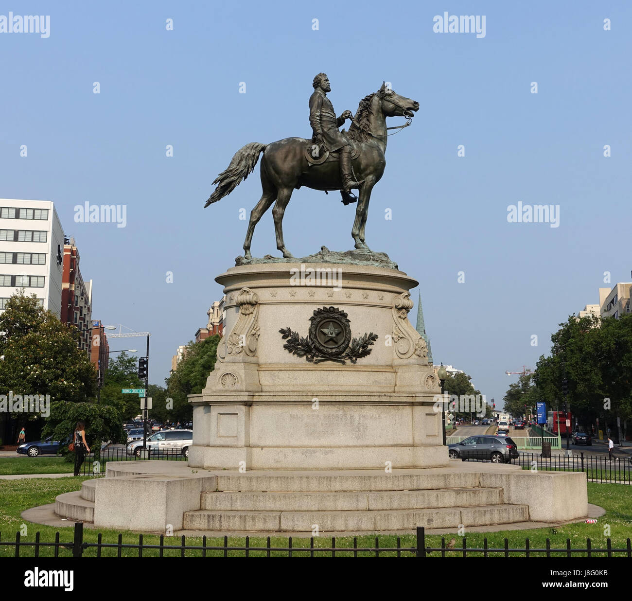 Das George Henry Thomas Memorial am Thomas Circle in Washington, D.C. ehrt den General der Union aus dem Amerikanischen Bürgerkrieg. Das Denkmal ist ein bedeutendes historisches Wahrzeichen und eine Hommage an seine Beiträge zum Bürgerkrieg. Stockfoto