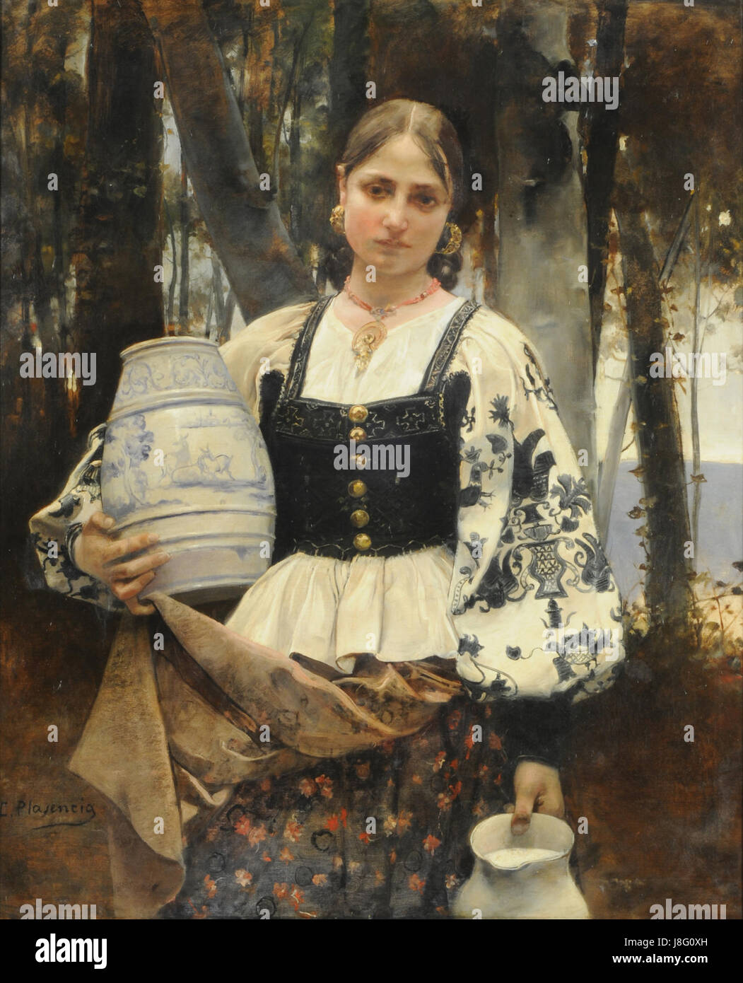La Lechera von Casto Plasencia ist ein spanisches Gemälde, das eine Frau mit Milchkännchen zeigt. Das Kunstwerk fängt eine ländliche Szene aus Spanien des 19. Jahrhunderts ein und beleuchtet das tägliche Leben und die Arbeit auf dem spanischen Land. Stockfoto