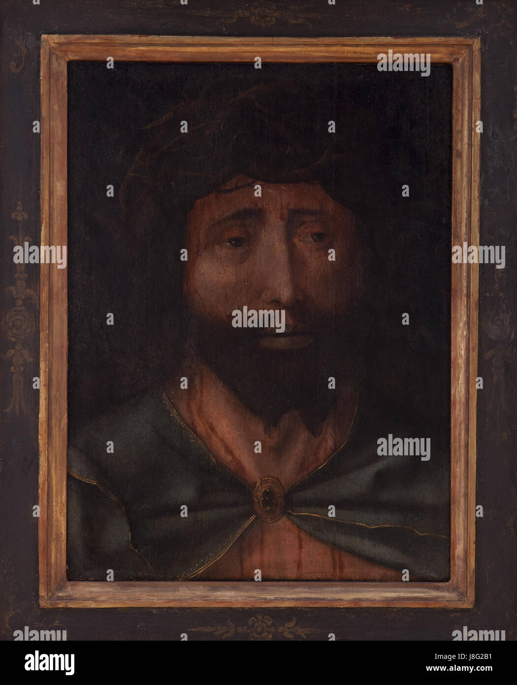 Ecce Homo ist ein religiöses Kunstwerk, das typischerweise Christus mit Dornen gekrönt darstellt, einen Moment des Leidens vor seiner Kreuzigung. Maestro de la Santa Sangre bezieht sich auf einen Meister der Heilig-Blut-Schule, eine Art religiöser Malerei. Dieses Bild stellt wahrscheinlich das Leiden Christi dar, ein wichtiges Thema in der christlichen Kunst. Stockfoto
