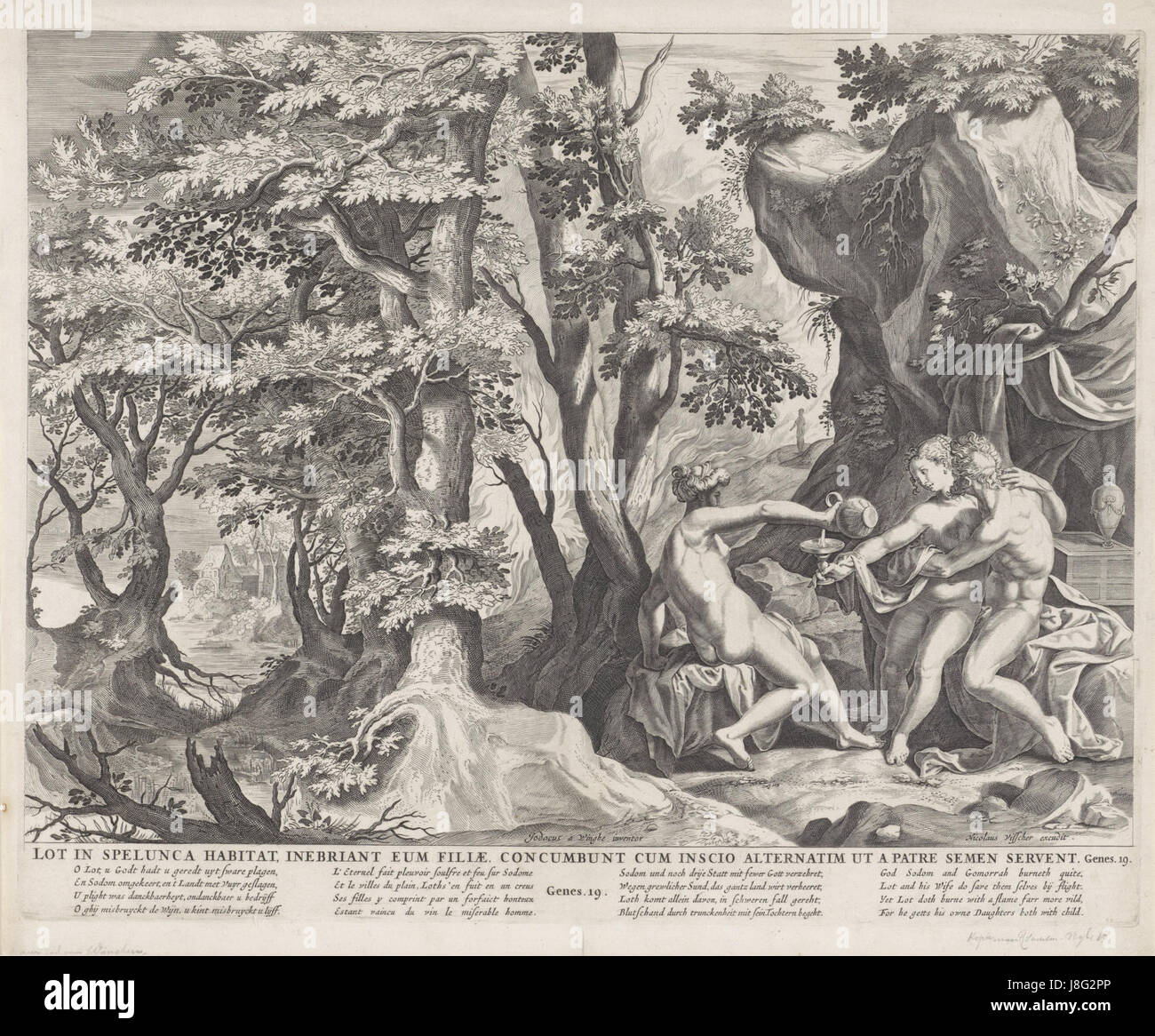 Lot en zijn Dochters (Lot und seine Töchter) ist eine biblische Referenz auf die Geschichte von Lot, die im Buch Genesis gefunden wurde. Es zeigt das Schicksal von Lots Familie, insbesondere seiner Töchter, in einem moralischen und religiösen Kontext. Stockfoto