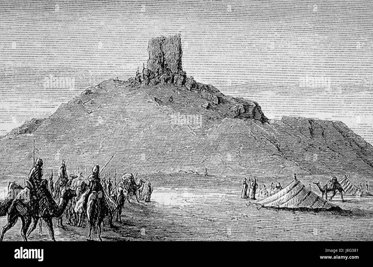 Der Grabado de las ruinas de Birs Nimrud ist ein Stich, der die antiken Ruinen von Birs Nimrud im heutigen Irak darstellt. Der Stich repräsentiert die historische Bedeutung und archäologische Bedeutung dieser antiken Stätte. Stockfoto