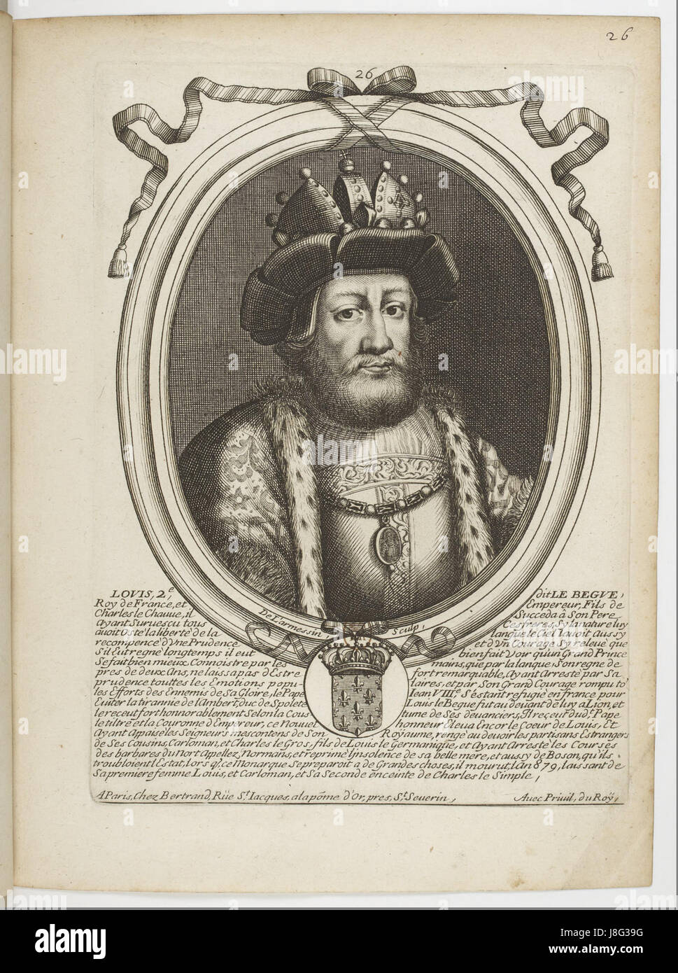 Dieser Druck von Nicolas de Larmessin zeigt Ludwig II., den König der Franken. Der Stich ist Teil einer Serie historischer Drucke, die prominente Persönlichkeiten der französischen Geschichte zeigen und die Herrschaft und den Einfluss Ludwigs II. Hervorheben. Stockfoto