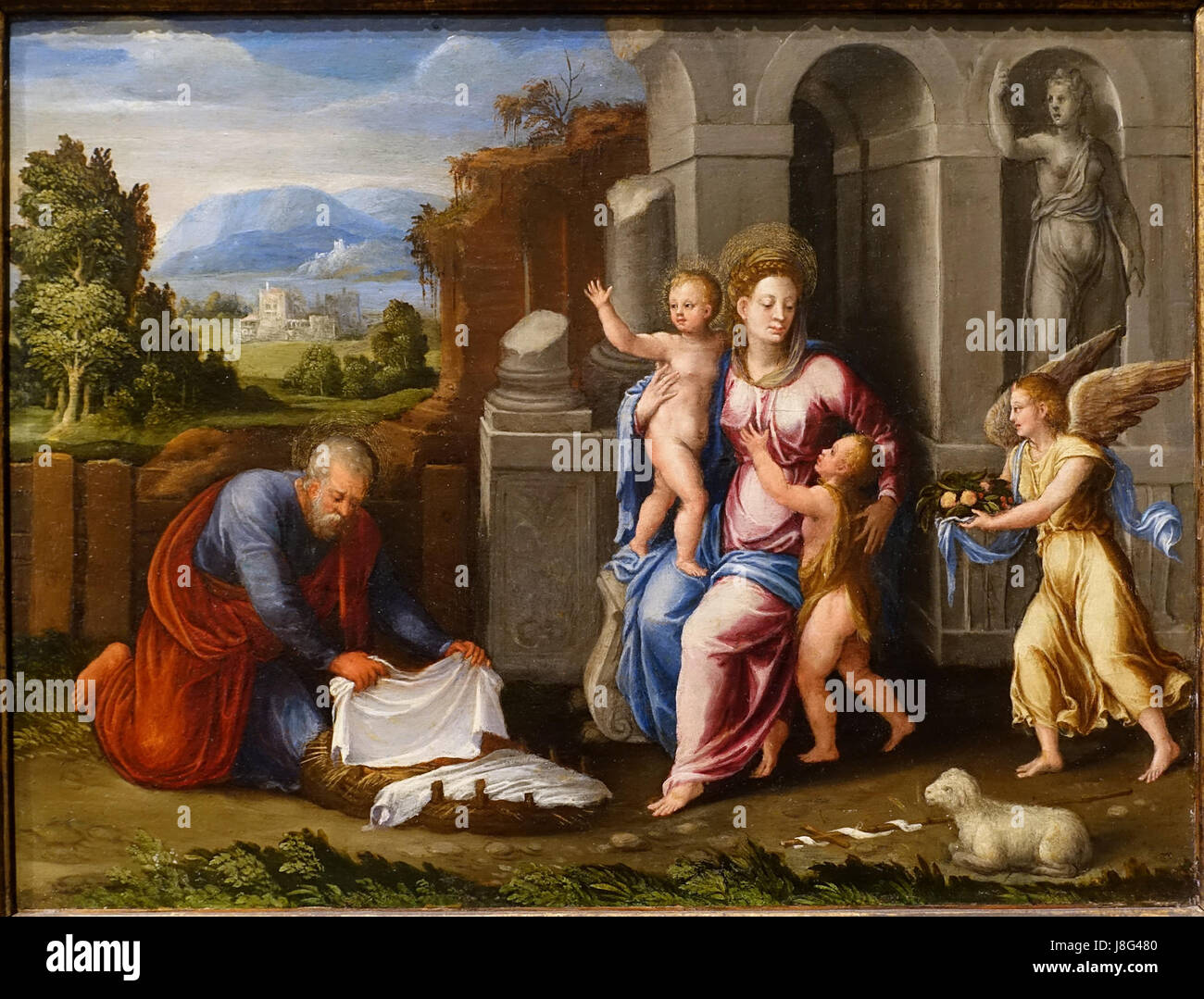 Heilige Familie mit dem jungen Johannes dem Täufer und ein Engel, Girolamo da Carpi, Bologna, 1540 s, Öl auf Platte Blanton Museum of Art Austin, Texas DSC07734 Stockfoto