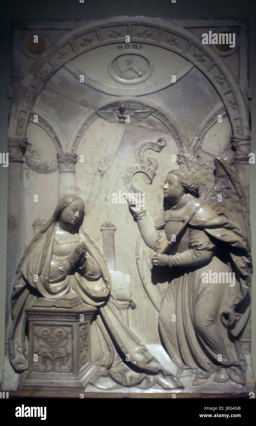 Loy Herings Verkündigung bezieht sich auf ein Kunstwerk des Künstlers, das die biblische Szene der Verkündigung darstellt. Dieses religiöse Kunstwerk fängt den Moment ein, in dem der Engel Gabriel der Jungfrau Maria ankündigt, dass sie den Sohn Gottes empfangen wird. Stockfoto