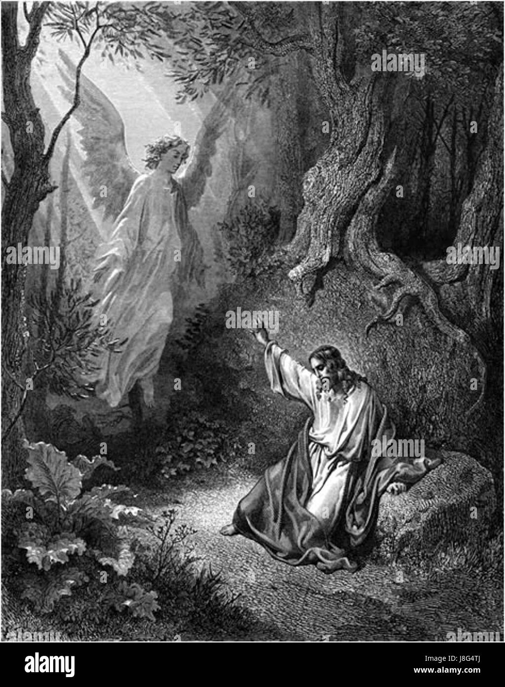 Die Qual Jesu im Garten Getsemani ist ein entscheidender Moment der christlichen Theologie, der im Neuen Testament beschrieben wird. Jesus erlebt tiefe emotionale und spirituelle Not, weil er das Leiden kennt, das vor uns liegt. Dieses Ereignis markiert einen entscheidenden Moment der Unterwerfung unter Gottes Willen vor seiner Kreuzigung. Stockfoto