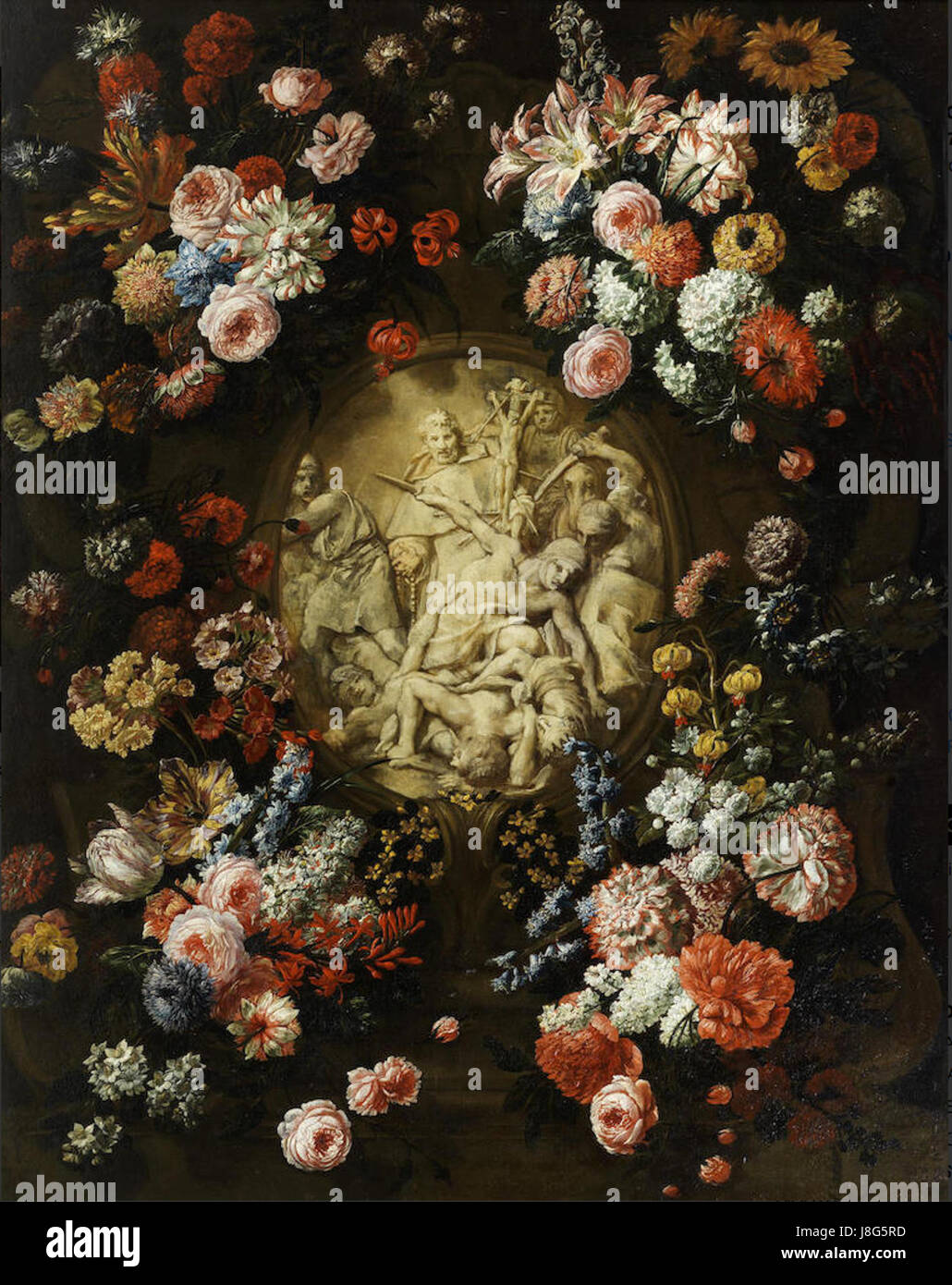 Das Kunstwerk von Jan Baptist Bosschaert zeigt eine Blumengirlande um ein Medaillon mit frühchristlichem Motiv. Dieses Stück veranschaulicht die holländische Blumenkunst des 17. Jahrhunderts und verbindet naturalistische Details mit symbolischen religiösen Themen. Stockfoto