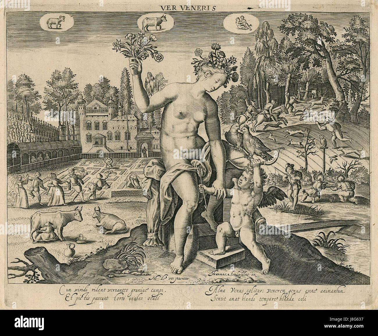 Dieses Kunstwerk von Jan van Londerseel und Maerten de Vos mit dem Titel „Spring Ver Veneris“ ist ein bedeutendes Beispiel für Kunst der Renaissance oder des Barocks, das das Thema des Frühlings durch mythologische oder allegorische Elemente, ein typisches Thema dieser Zeit, darstellt. Stockfoto