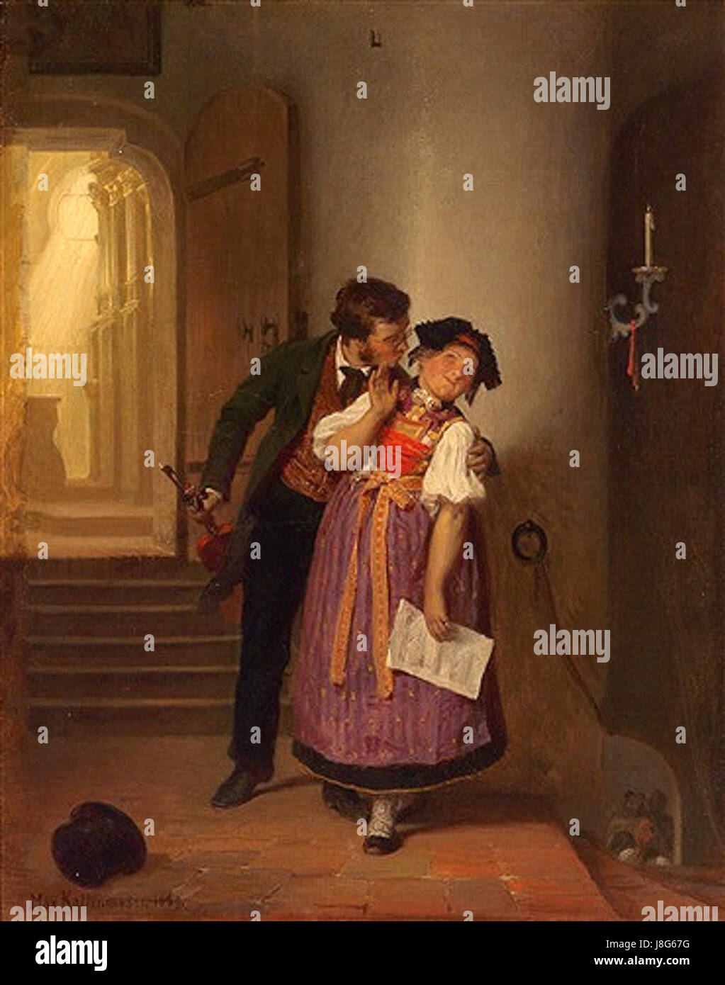 *Der Gestohlene Kuss* ist ein Gemälde von Max Kaltenmoser, das 1869 fertiggestellt wurde. Das Kunstwerk stellt einen romantischen Moment dar, in dem die Intimität und Emotionen eines Kusses im Stil des 19. Jahrhunderts festgehalten werden. Stockfoto