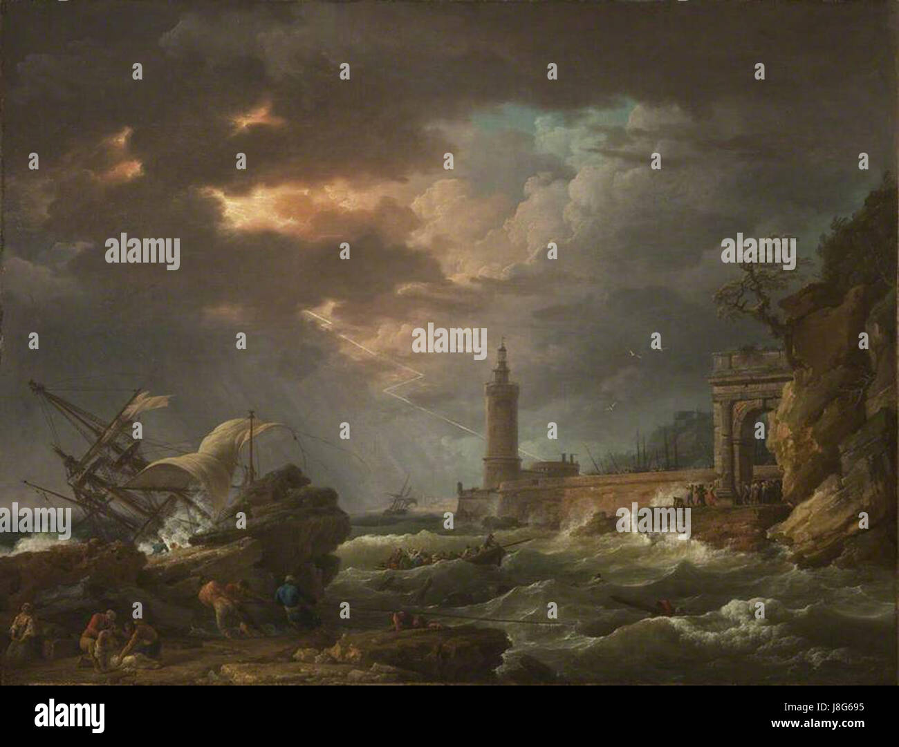 Joseph Vernetâ „der Sturm“ fängt die dramatische Intensität eines Sturms auf See ein. Bekannt für seine Meereslandschaften, zeigt Vernetâ eine turbulente Küstenszene mit hohen Wellen, dunklem Himmel und turbulentem Wasser und zeigt seine Meisterschaft in der Darstellung der Naturkräfte. Stockfoto