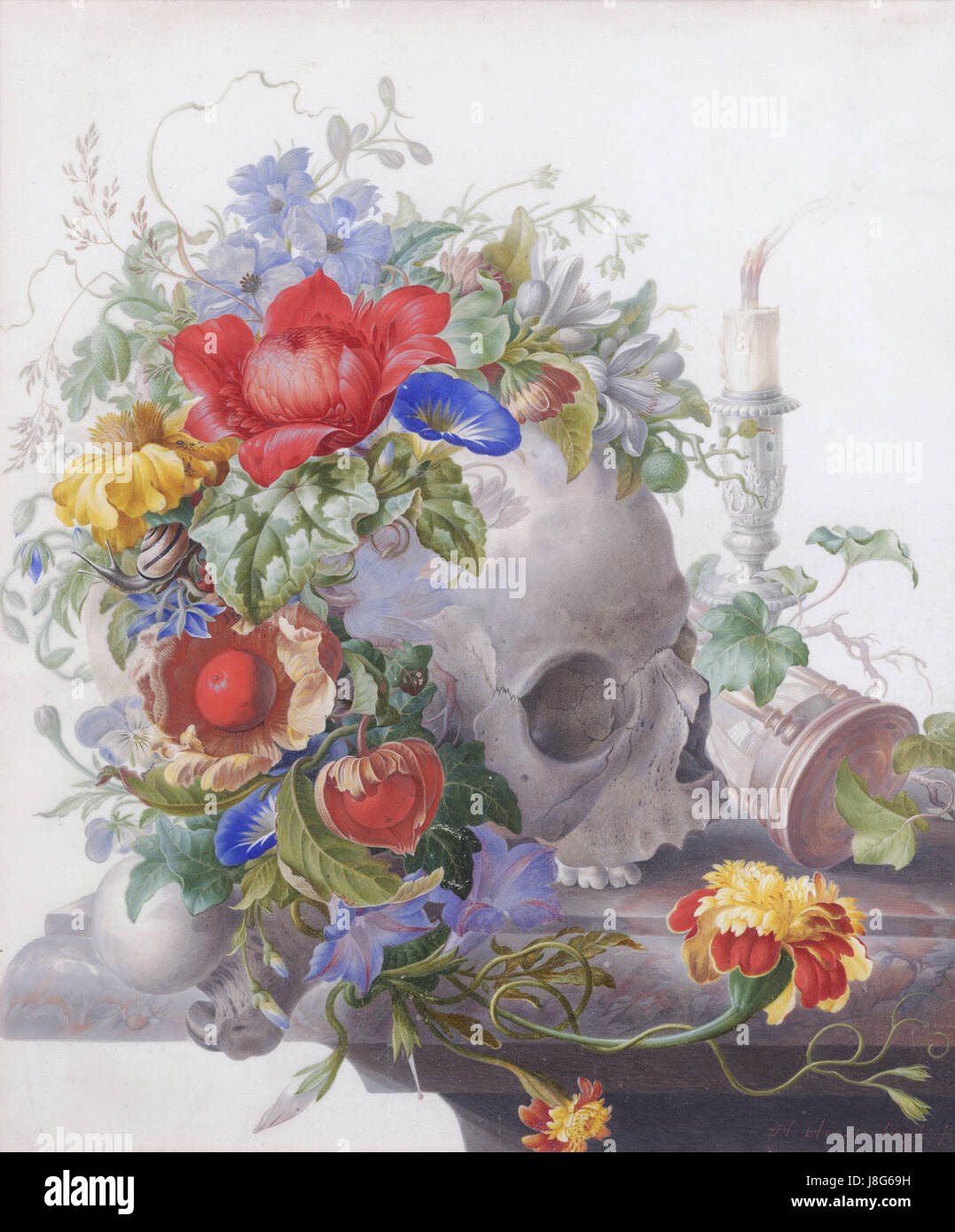 „Memento Mori“ von Herman Henstenburgh ist ein Kunstwerk, das die Sterblichkeit reflektiert, mit symbolischen Elementen, die die Zuschauer an die Vergänglichkeit des Lebens erinnern sollen. Das Stück ist Teil einer größeren Tradition der Vanitas-Malerei. Stockfoto