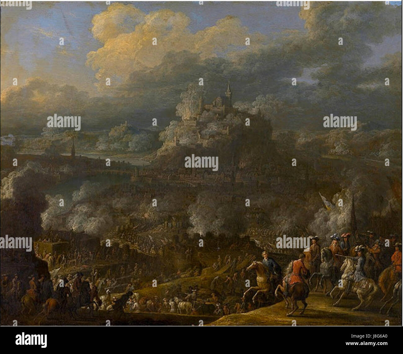 Jan Baptist van der Meirens Gemälde *die Belagerung von Koblenz durch Turenne* zeigt eine bedeutende Schlacht während des Dreißigjährigen Krieges. Das Gemälde erfasst die militärische Strategie und Intensität der Belagerung. Stockfoto
