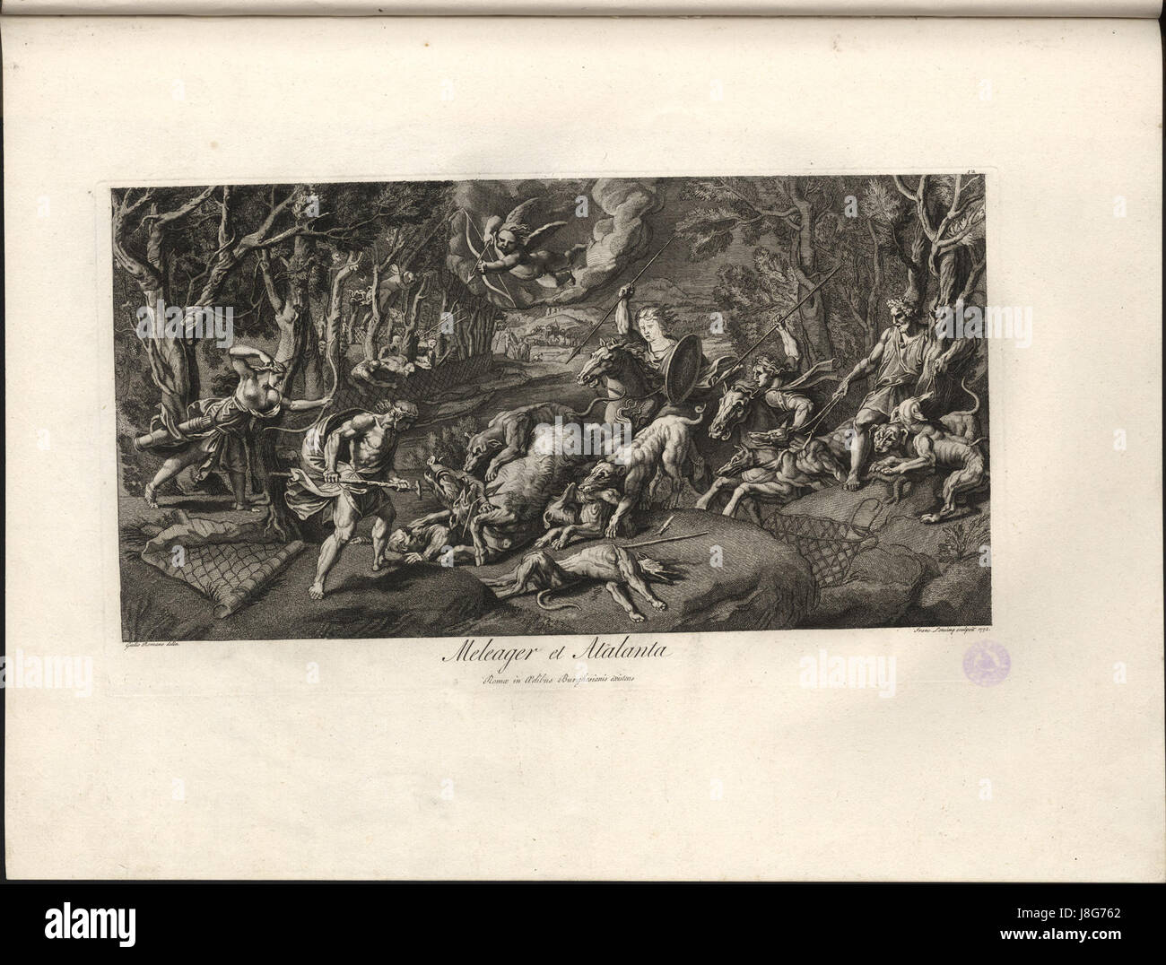 Dieser Titel bezieht sich auf ein Originalwerk von Giulio Romano, das die mythologischen Figuren Meleager und Atalanta darstellt, die für ihre tragische Geschichte von Liebe und Heldentum bekannt sind. Stockfoto
