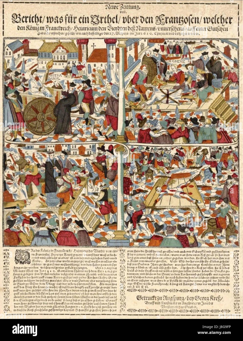 Dieser historische Kupferstich zeigt die Hinrichtung von FranÃ Ravaillac, dem Attentäter von König Heinrich IV. Von Frankreich. Die Gravur fängt die öffentliche Hinrichtung ein und markiert ein bedeutendes Ereignis in der französischen Geschichte. Stockfoto