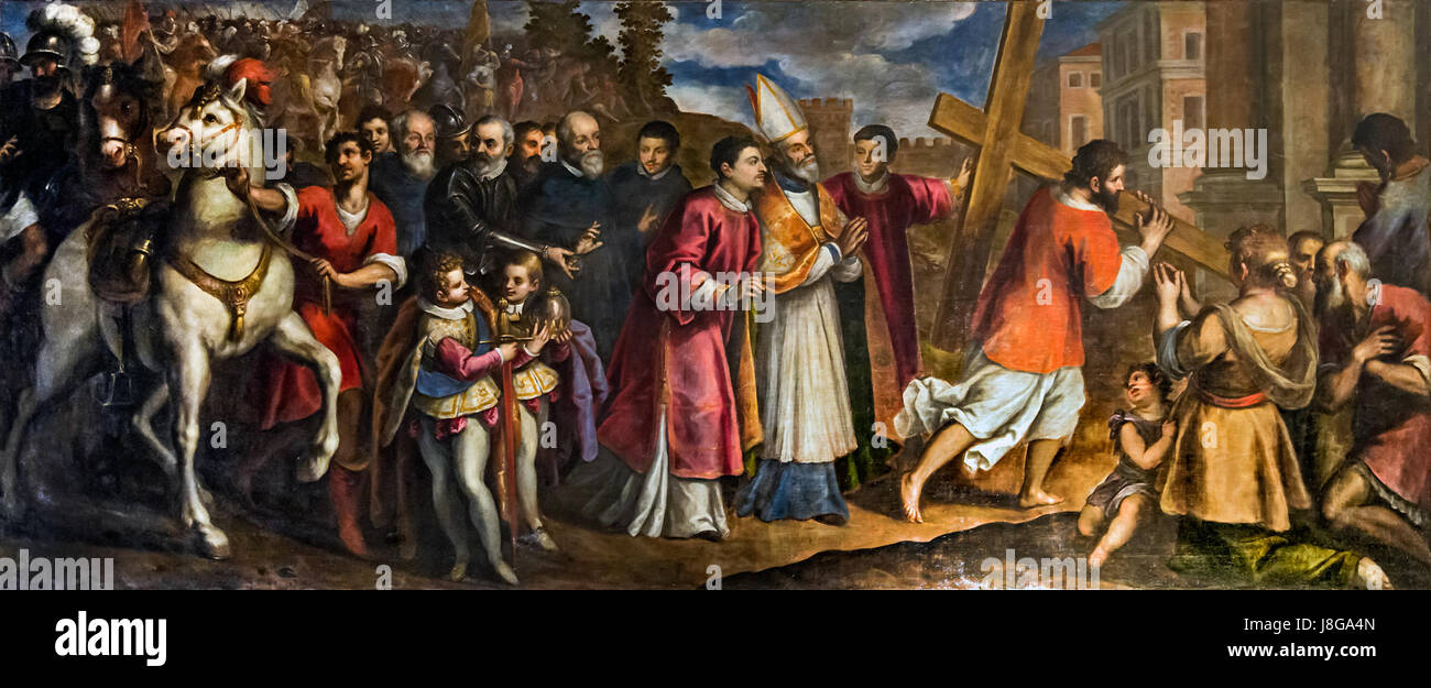 Das Innere der Chiesa dei Gesuiti in Venedig beherbergt ein beeindruckendes Werk von Palma il Giovane, das „l'Imperatore Eraclio“ darstellt, das das Kreuz nach Calvary zurückbringt. Dieses dramatische Gemälde spiegelt religiöse Hingabe und venezianischen Barockstil wider. Stockfoto