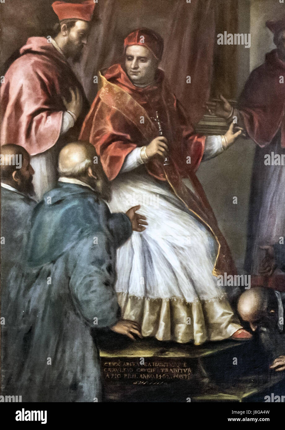 Das Innere der Chiesa dei Gesuiti in Venedig mit der Sakristei von Palma il Giovane. Das Kunstwerk zeigt Pius II. Und unterstreicht die historische und künstlerische Bedeutung der venezianischen religiösen Kunst während der Renaissance. Stockfoto