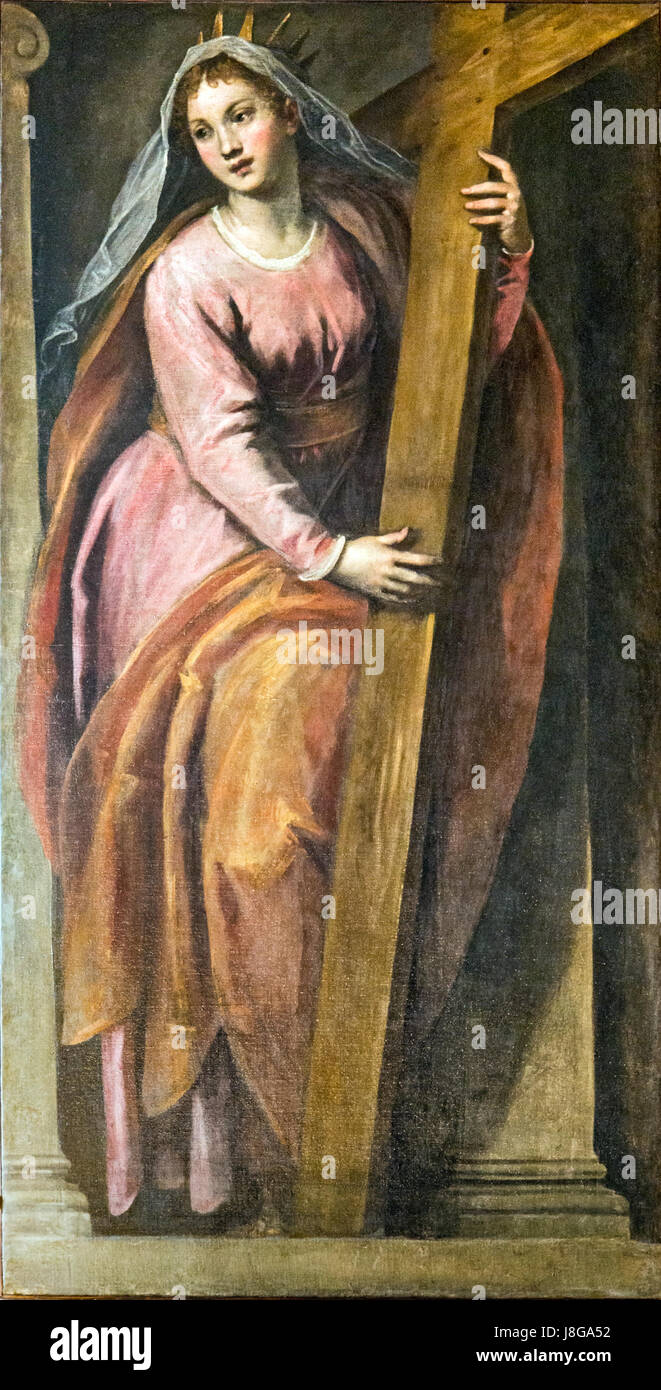 Das Innere der Chiesa dei Gesuiti in Venedig zeigt eine Sakristei von Palma il Giovane. Das Kunstwerk aus den Jahren 1592 bis 1593 zeigt die Heilige Helena und zeigt den barocken Stil des Künstlers und die religiöse Bedeutung der Kirche. Stockfoto